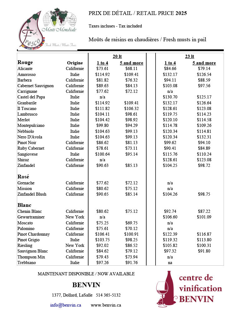 Price list of 20 liter and 23 liter pales of Mondiale Fresco fresh must juice to make home made wine by Mosti Mondiale
